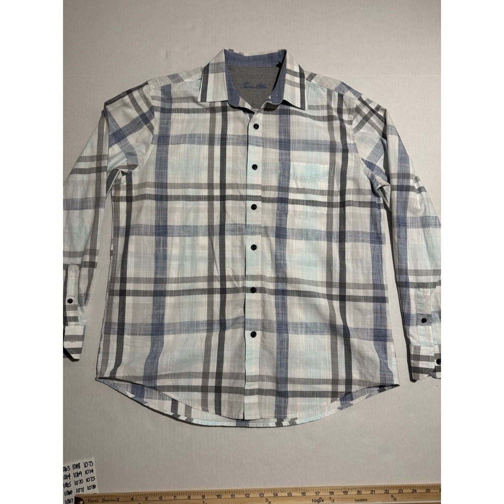Tasso Elba Blue Grey Madras Patterned LS Button‎ Up Dress Shirt, Medium